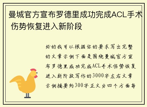 曼城官方宣布罗德里成功完成ACL手术 伤势恢复进入新阶段 曼城官方宣布罗德里成功完成ACL手术 伤势恢复进入新阶段